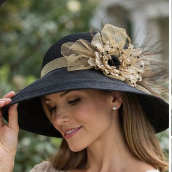 Something Special Black Wide Brim Dress Hat with Floral  display picture 1